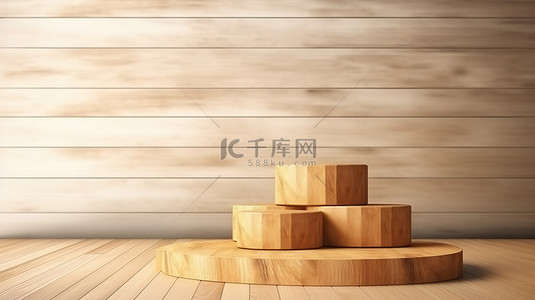 墙背景图片_用于在木墙和地板背景上展示产品的木制底座和架子的 3D 插图