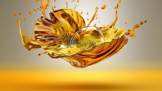 橄榄油和葵花籽油在空气中流动的 3D 渲染，用于食品食谱