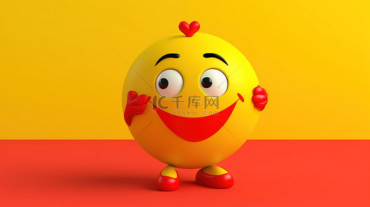 蓝色快乐背景图片_黄色背景的 3D 渲染，可爱的红心吉祥物拿着地球仪