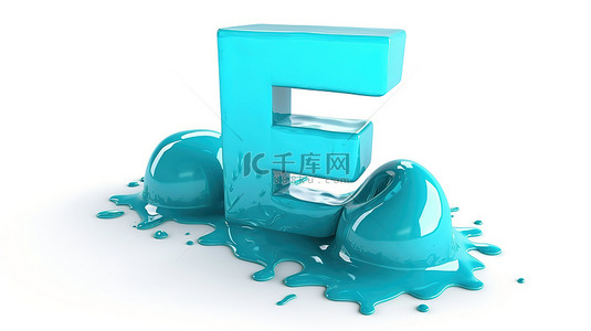 白色背景上孤立的水蓝色果冻 e 字母的 3d 插图