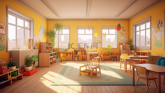 教室背景图片_空幼儿园教室的 3d 渲染