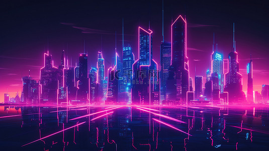 3D 合成波时代的发光赛博朋克大都市，霓虹灯点亮的摩天大楼和未来网格景观