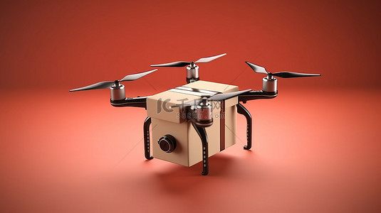 礼品概念的 3D 渲染，包括带有飞行中相机的无人机四轴飞行器