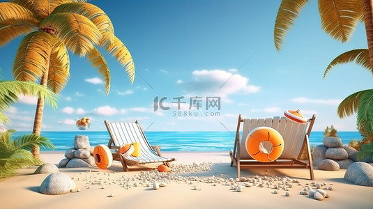3D 插图的优质照片展示了令人惊叹的夏季海滩场景视图