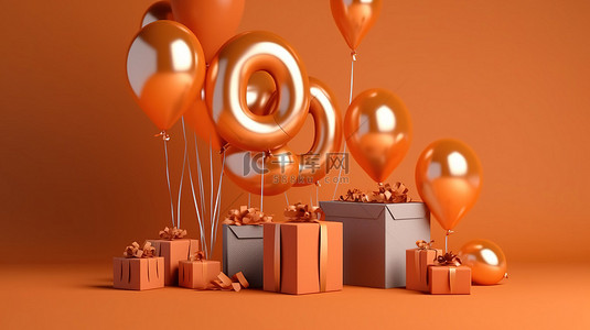 周庆典背景图片_快乐的 60 岁生日庆典充满活力的气球彩旗和礼品盒，采用令人惊叹的 3D 渲染