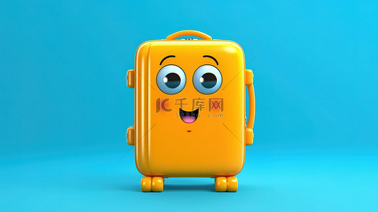 在飞机上卡通背景图片_身穿蓝皮书服装的吉祥物的 3D 渲染，在充满活力的黄色背景上携带橙色手提箱