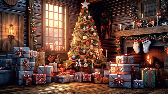 在令人惊叹的 3D 效果中，精美地布置在节日圣诞树前的礼物