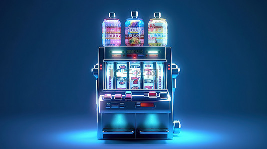 真实的 3D 老虎机，在蓝色背景渲染的在线赌场上提供免费旋转