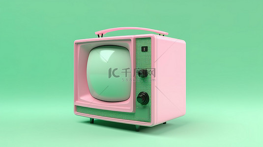 具有技术主题的卡通旧绿色电视的最小粉红色 3D 渲染