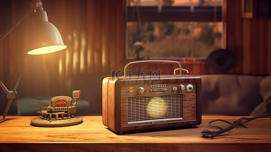 木桌展示老式麦克风复古收音机和旧式照片 3D 渲染