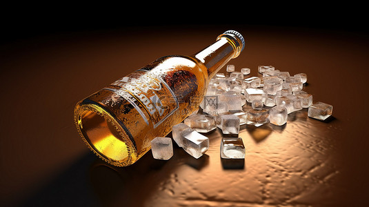 啤酒瓶和冰块的 3d 渲染，带有空白标签