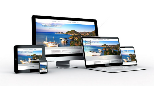 网页设计背景图片_高级旅行社的响应式网页设计 3D 渲染计算机和平板电脑