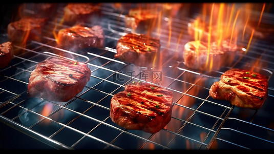 福鼎肉片背景图片_3d 渲染的烧烤网格与飞肉片