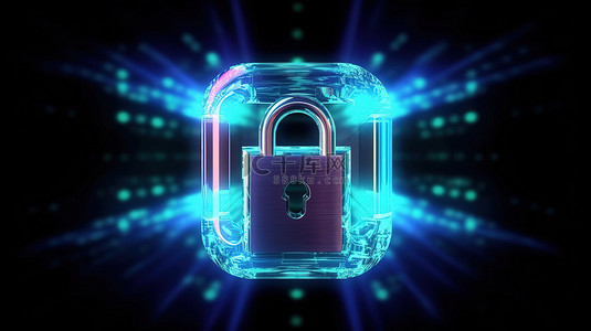 黑客攻击背景图片_蓝色背景上代表数据和互联网安全的抽象 3D 渲染全息安全锁