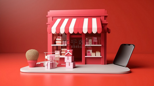 在线商店概念的 3D 渲染，为移动购物提供免费快速的送货服务