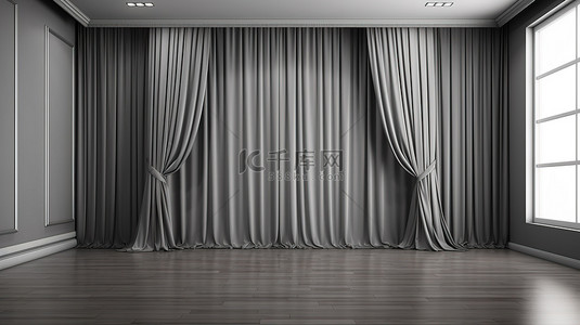 灰色窗帘背景图片_备用房间配有光滑的灰色墙壁木地板和 3D 渲染的灰色窗帘