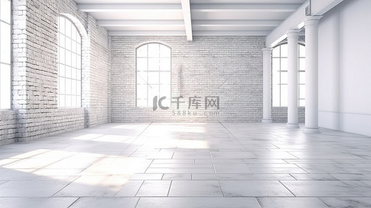 黑色背景背景图片_阳光明媚的阁楼空间，配有白色砖墙和光滑的黑色地板 3D 渲染