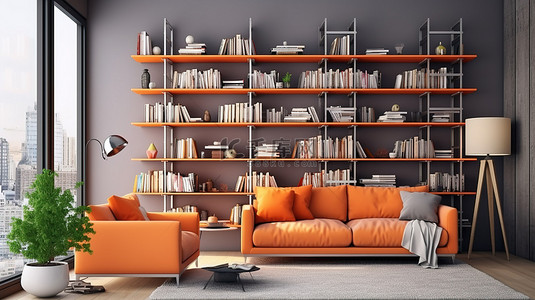 现代客厅的 3D 渲染，配有橙色沙发和书柜