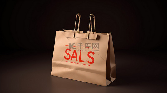 运动中的销售 滚动购物袋的 3d 渲染，顶部印有“销售”一词