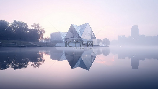 优雅的白色多边形建筑 3D 渲染，湖上反射和晨雾