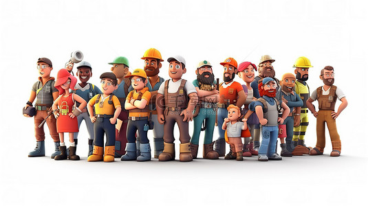 工业和建筑领域的多元化专业团队卡通 3D 插图