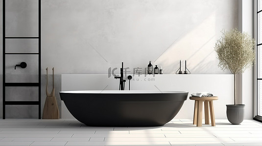 水龙头接水背景图片_时尚的现代浴室，配有华丽的白色浴缸和瓷砖地板上光滑的黑色水龙头 3D 渲染