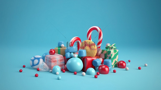 迷人的冬季销售场景节日糖果和蓝色背景的 3d 礼物
