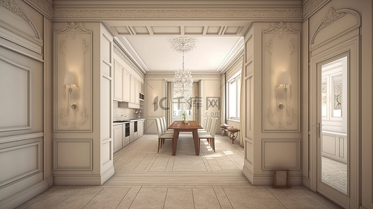 客厅走廊和厨房的古典风格 3d 效果图