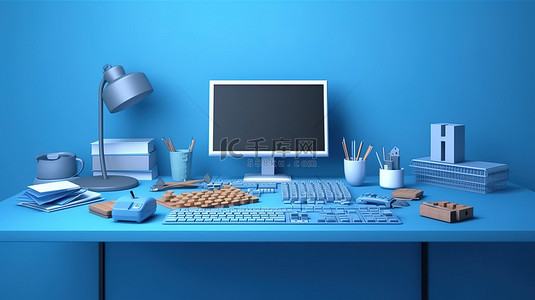 新游戏背景图片_蓝色背景的 3D 渲染，具有家庭办公室和填字游戏概念