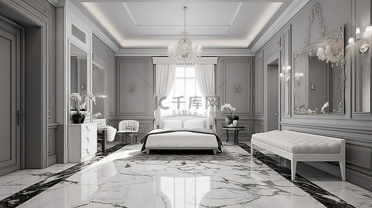 酒店背景图片_现代经典 3D 渲染中的豪华卧室和浴室套房