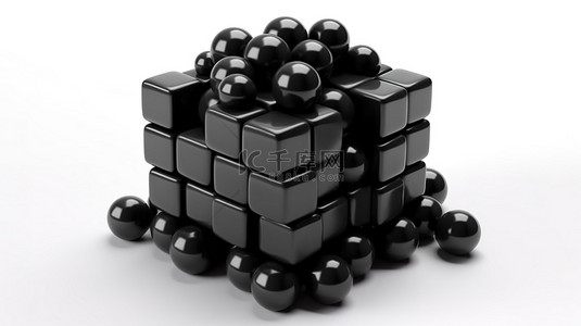 禅背景图片_白色背景上由黑色卵石堆组成的立方体的 3D 渲染