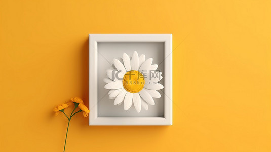 大自然的画布最小黄色背景，带花和白色相框 3D 渲染