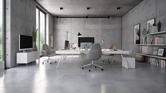 工业背景图片_时尚的 3D 工作空间，配备现代办公家具和工业混凝土元素，并具有充足的复制空间