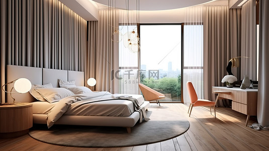 华丽的卧室配有床床头柜和梳妆台，是家庭或酒店 3D 渲染的优雅室内设计的概念