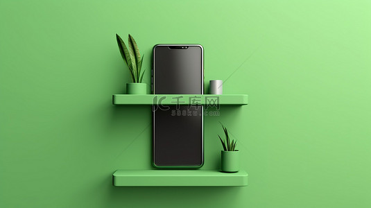 绿色墙架上垂直显示的手机 3D 插图