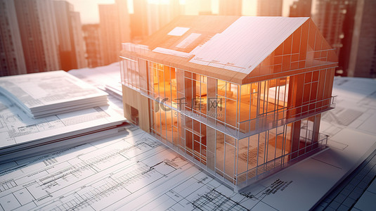 建筑模型背景图片_蓝图能源效率图表和其他文件伴随可持续建筑模型的 3D 渲染