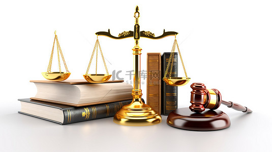 正义概念的 3d 插图正义木槌的金秤和白色背景下各法律领域的书籍