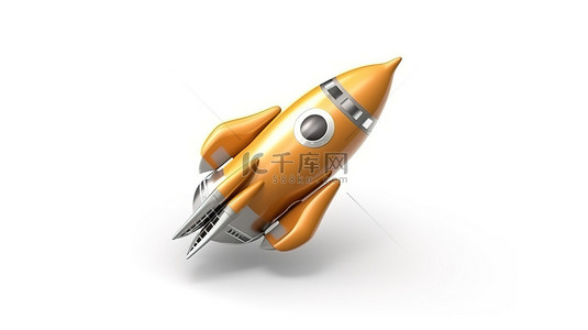 3D 渲染的火箭表情符号象征着白色背景下的简约和快速起飞