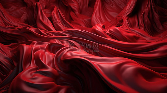 精致的 3D 渲染错综复杂的分层红色织物波浪，类似于奢华的丝绸或流动的液体