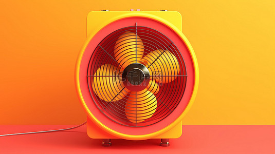 黄色背景 3D 渲染中多色风扇加热器的前视图