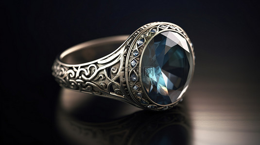 珠宝店背景图片_3D 渲染插图的古董银戒指与令人惊叹的宝石在珠宝店或当铺出售
