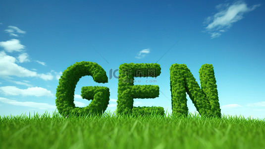 新鲜的草地背景图片_在蓝天背景生态友好概念上创建的绿草 3d 字 3d 渲染
