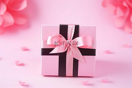黑色蝴蝶结背景图片_粉红色表面有黑色蝴蝶结的空礼品盒