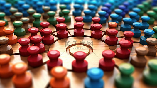 相互关联的圆圈上充满活力的木棋子描绘了 3D 插图中相互关系的概念