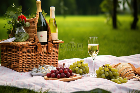 水果沙拉背景图片_绿草上野餐 香槟野餐篮