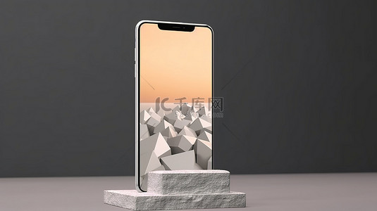 现代手机设计展示在 3d 白色立方体渲染上