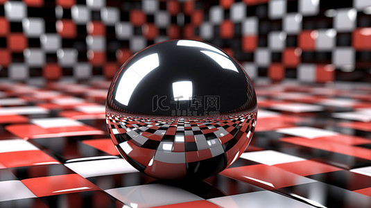 黑网格背景图片_3D 描绘的抽象方格背景中的金属球体