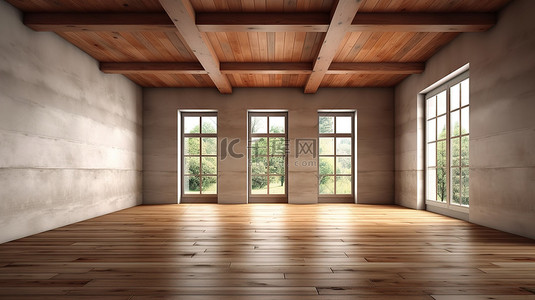 一间无人居住的房间的复古魅力 3D 渲染，配有陈旧的砖墙丰富的硬木地板和木质天花板