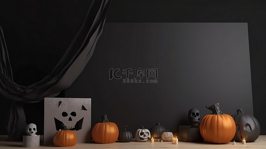 鬼节背景图片_幽灵般的 3D 渲染空万圣节横幅，上面有杰克灯笼蝙蝠鬼头骨和礼品盒