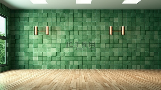 绿色空间背景图片_明亮的绿色空间，以木瓷砖墙和混凝土地板为特色，3D 插图